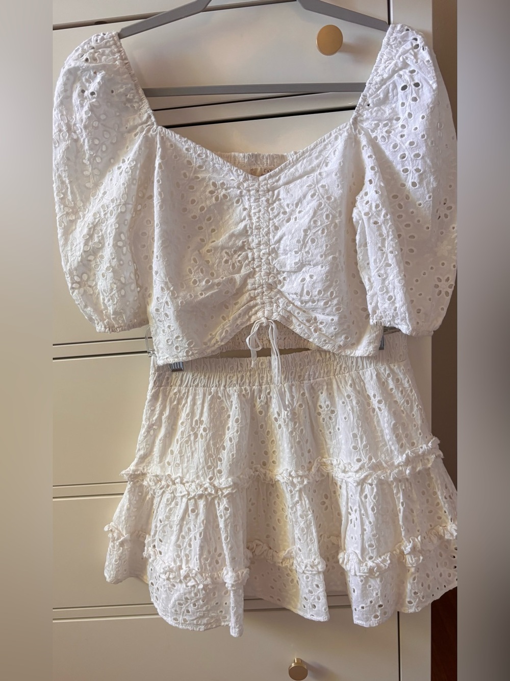 White Eyelet Two-Piece Set - Ruched Crop Top & Tiered Skirt